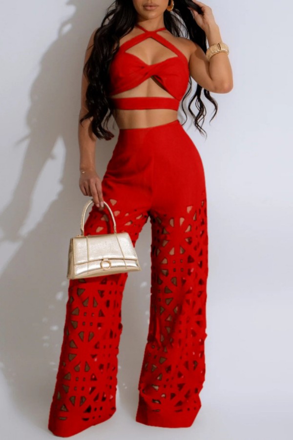 Red Sexy Casual Solid Color Hollow Out Backless Spaghetti Strap Sleeveless Two Pieces