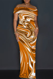Green Yellow Sexy Striped Print Slit Contrast Off Shoulder Printed Dresses