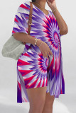 Yellow Purple Casual Street Tie Dye Print Slit Contrast V Neck Short Sleeve Two Pieces