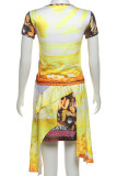 Yellow Sexy Print Patchwork O Neck Short Sleeve Two Pieces