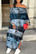 Blue Sexy Faux Denim Print Slit Off Shoulder Printed Dresses