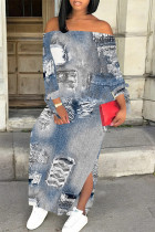 Baby Blue Sexy Faux Denim Print Slit Off Shoulder Printed Dresses