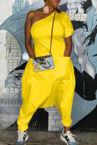 Yellow Casual Solid Color Pocket Backless Oblique Collar Fitted Jumpsuits