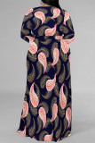 Black Pink Sexy Floral Print The stars Lace Up Contrast V Neck Printed Plus Size Dresses