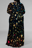 Black Pink Sexy Floral Print The stars Lace Up Contrast V Neck Printed Plus Size Dresses