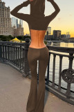 Brownness Casual Solid Color Hollow Out Patchwork Backless Hooded Regular Jumpsuits