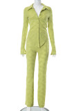 Green Casual Solid Color Buttons Turndown Collar Long Sleeve Two Pieces