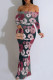 Green Sexy Floral Print Contrast Off Shoulder One Step Skirt Dresses