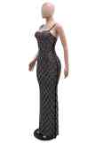Black Sexy Patchwork Hot Drilling See-Through Backless Spaghetti Strap Evening Dresses