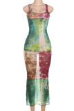 Green Elegant Print Patchwork Backless U Neck Long Dresses