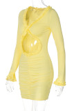 Yellow Sexy Solid Color Hollow Out Patchwork V Neck Wrapped Skirt Dresses