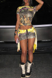 Yellow Sexy Print Patchwork O Neck Short Sleeve Two Pieces
