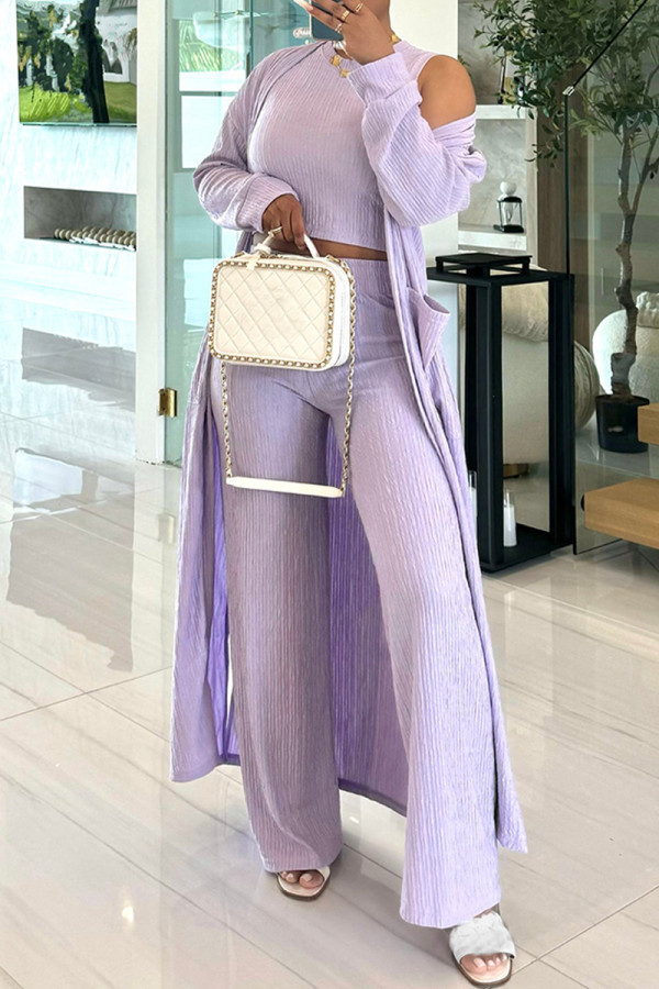 Purple Casual Solid Color Basic O Neck Long Sleeve Two Pieces