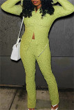 Green Casual Solid Color Buttons Turndown Collar Long Sleeve Two Pieces
