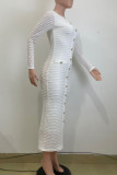 Black Elegant Solid Color Buckle Patchwork O Neck Long Dresses