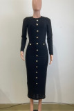 Black Elegant Solid Color Buckle Patchwork O Neck Long Dresses