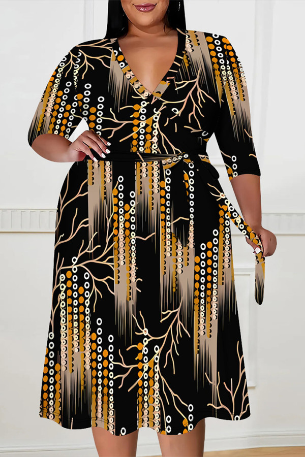 Black Elegant Floral Print Lace Up Contrast V Neck Printed Plus Size Dresses