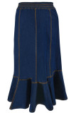 Deep Blue Casual Solid Color Patchwork A Line Plus Size 