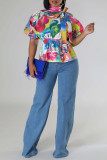 Colour Casual Print Buckle Patchwork Ruched Strap Design Turtleneck Tops