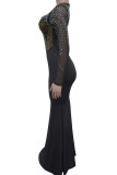 Black Sexy Solid Color Patchwork Hot Drill Zipper Asymmetrical Collar Long Dresses