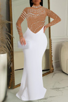 Apricot Elegant Patchwork Slit Hot Drill Zipper O Neck Long Dresses