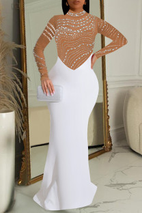 Apricot Elegant Patchwork Slit Hot Drill Zipper O Neck Long Dresses
