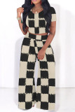 Black Casual Plaid Geometric Print Contrast O Neck Short Sleeve Two Pieces
