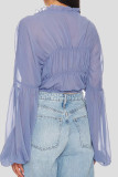 Black Sexy Solid Color Patchwork See-Through Ruched Strap Design V Neck Tops