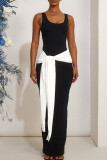 Black Elegant Patchwork Strap Design Contrast U Neck Long Dresses
