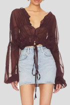 Coffee Sexy Solid Color Patchwork See-Through Ruched Strap Design V Neck Tops
