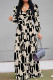Black khaki Elegant Print Patchwork Strap Design V Neck Long Dresses