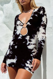 Black And White Sexy Print Hollow Out Patchwork V Neck Wrapped Skirt Dresses
