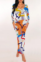 White Elegant Geometric Print Contrast U Neck One Step Skirt Dresses