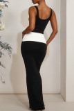 Black Elegant Patchwork Strap Design Contrast U Neck Long Dresses