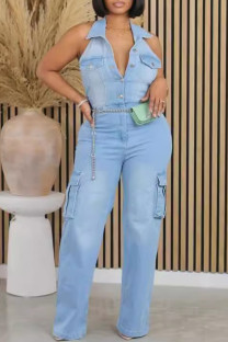 Blue Street Solid Color Pocket Buckle Patchwork Turndown Collar Sleeveless High Waist Regular Denim Jumpsuits