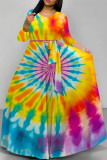 Yellow Elegant Tie Dye Print Lace Up O Neck Printed Plus Size Dresses