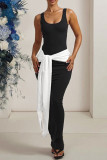 Black Elegant Patchwork Strap Design Contrast U Neck Long Dresses