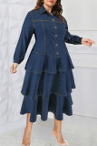 Deep Blue Elegant Solid Color Buckle Patchwork Turndown Collar A Line Plus Size Dresses