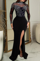 Black Elegant Solid Color Patchwork High Slit Hot Drill Zipper Turtleneck Long Dresses