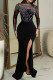 Black Elegant Solid Color Patchwork High Slit Hot Drill Zipper Turtleneck Long Dresses