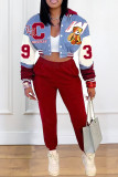 Red Casual Print Pocket Buckle Patchwork Hooded Long Sleeve Two Pieces