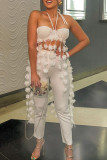 White Sexy Solid Color Fringed Trim Patchwork Backless Halter Sleeveless Two Pieces
