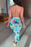 Green Fashion Sexy Print Tie Dye Hollowed Out Backless Halter Sleeveless Dress