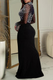 Black Elegant Solid Color Patchwork High Slit Hot Drill Zipper Turtleneck Long Dresses