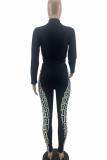 Black Casual Print Patchwork Zipper Zipper Collar Long Sleeve Two Pieces