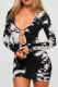 Black And White Sexy Print Hollow Out Patchwork V Neck Wrapped Skirt Dresses