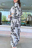 White Casual Print Pocket Buckle Patchwork Turndown Collar Long Sleeve Two Pieces