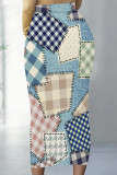 Blue Brown Casual Faux Denim Print Contrast Regular High Waist Full Print Bottoms