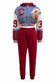 Red Casual Print Pocket Buckle Patchwork Hooded Long Sleeve Two Pieces