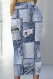 Blue Brown Casual Faux Denim Print Contrast Regular High Waist Full Print Bottoms